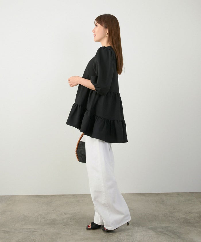 手洗い可上品きれいめパフ袖大人カジュアルオフィスフォーマルフェミニン体型カバージョイントスペース