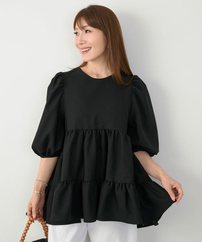 手洗い可上品きれいめパフ袖大人カジュアルオフィスフォーマルフェミニン体型カバージョイントスペース