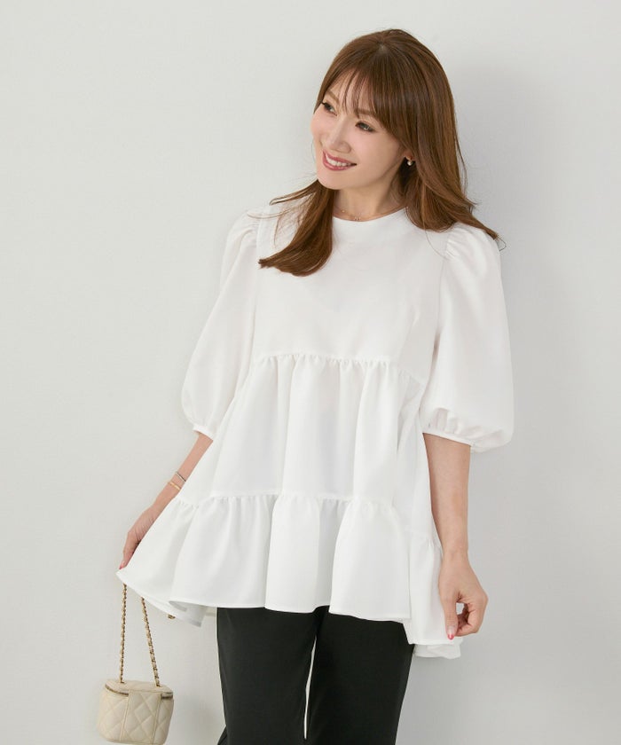 手洗い可上品きれいめパフ袖大人カジュアルオフィスフォーマルフェミニン体型カバージョイントスペース