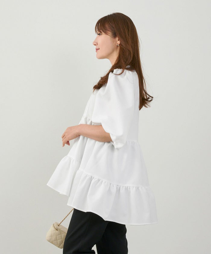 手洗い可上品きれいめパフ袖大人カジュアルオフィスフォーマルフェミニン体型カバージョイントスペース