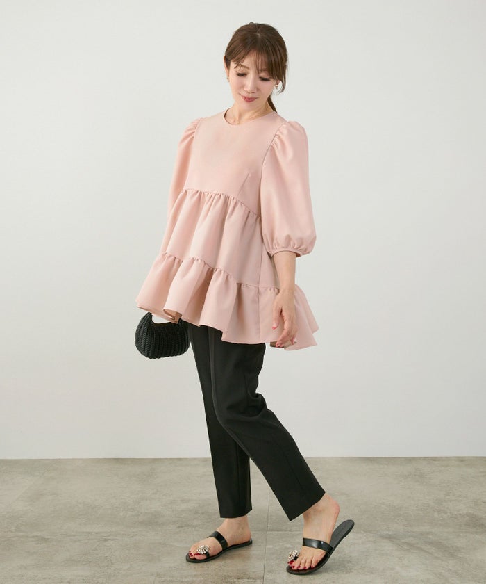 手洗い可上品きれいめパフ袖大人カジュアルオフィスフォーマルフェミニン体型カバージョイントスペース