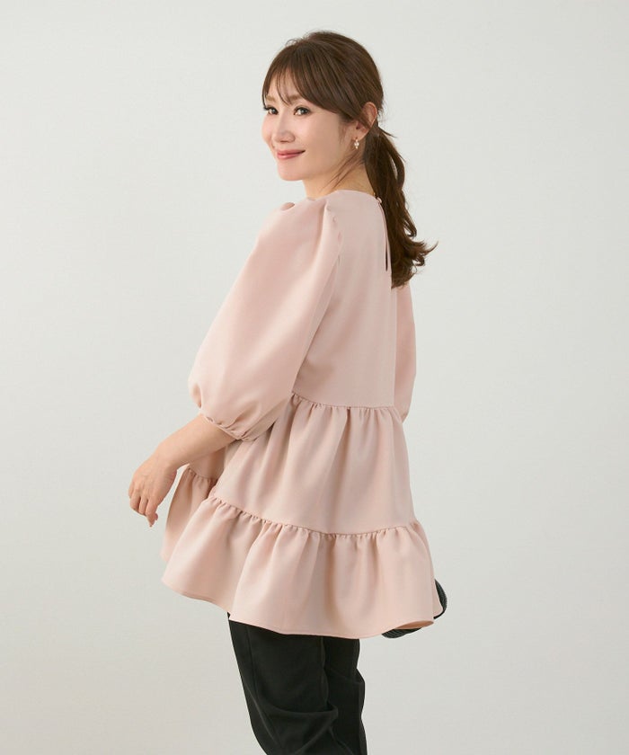 手洗い可上品きれいめパフ袖大人カジュアルオフィスフォーマルフェミニン体型カバージョイントスペース