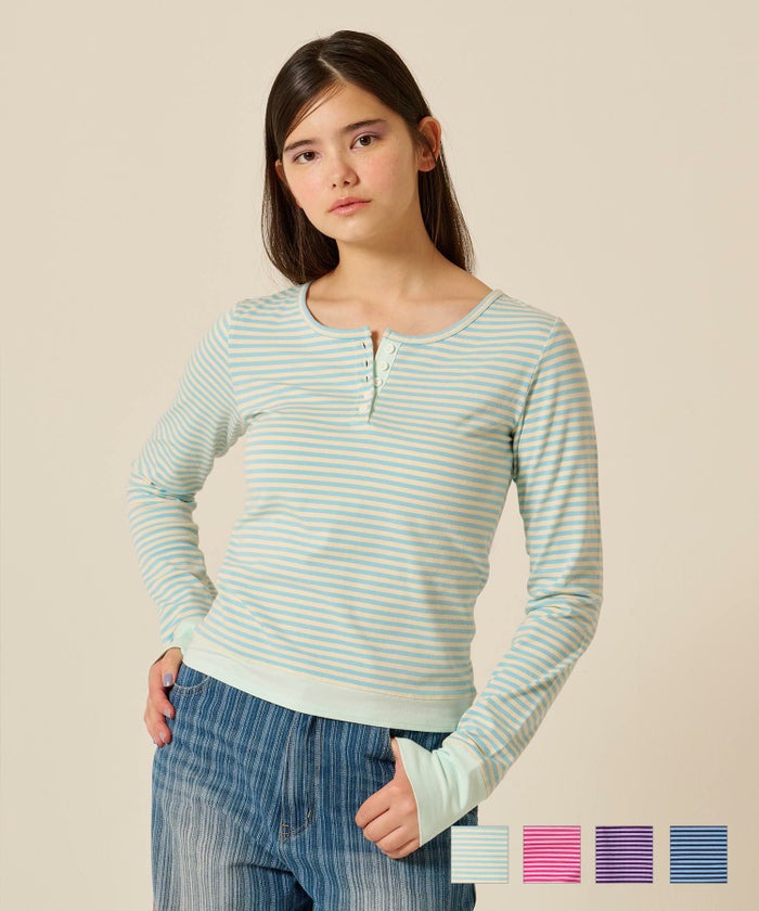  ボーダー/ ヘンリーネック/ロンT/ネイビー