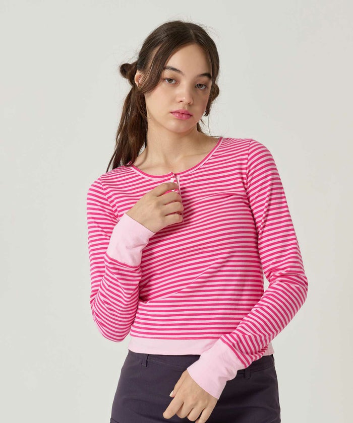  ボーダー/ ヘンリーネック/ロンT/パープル