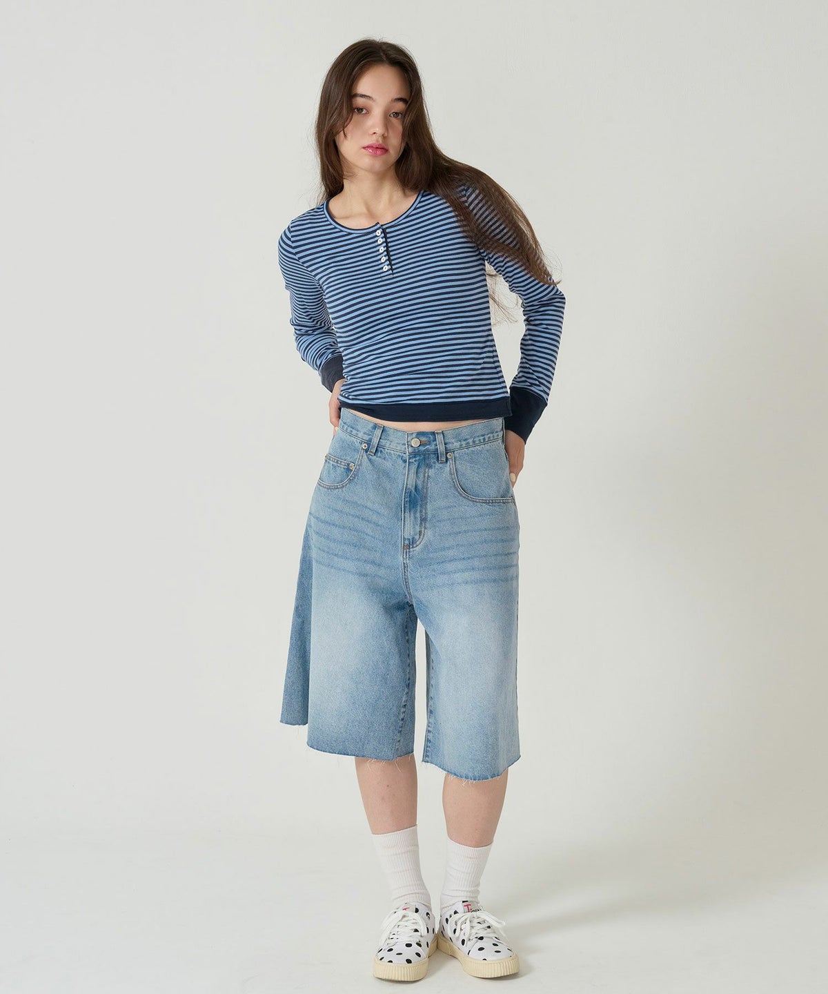  ボーダー/ ヘンリーネック/ロンT/ネイビー