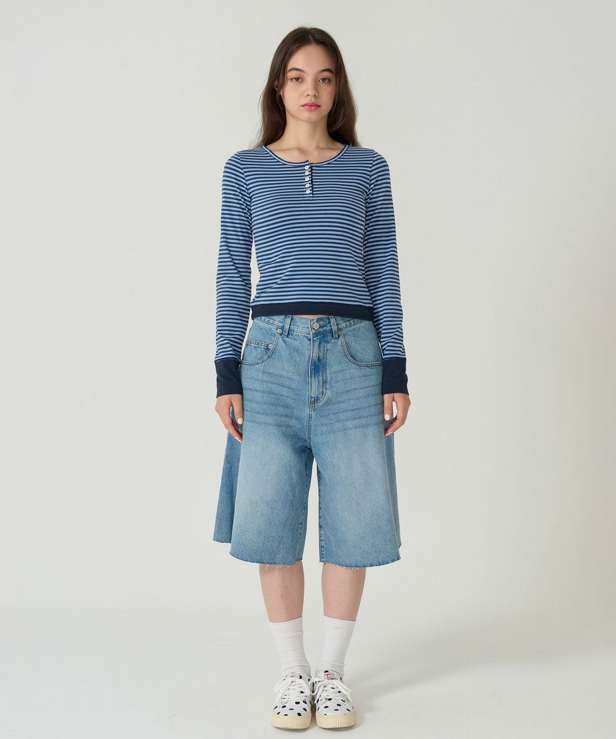 ボーダー/ ヘンリーネック/ロンT/ネイビー/ピンク/パープル