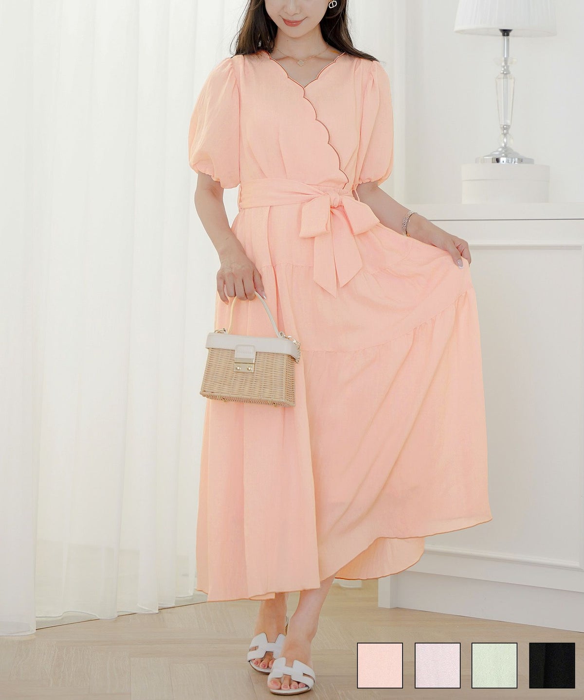 リボンベルトスカラップワンピースlerevevanillerピンク/ラベンダー/ミント/ブラック