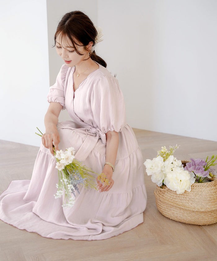 レディース/ワンピース/スカラップ/ミモレ/刺繍/袖口ゴム/半袖/5分袖/パフスリーブ/ハイウエスト/リボン/ウエストリボン/ピンク/ラベンダー/ミント/ブラック/上品/フェミニン/エレガント/きれい/ナチュラル/旅行/おでかけ