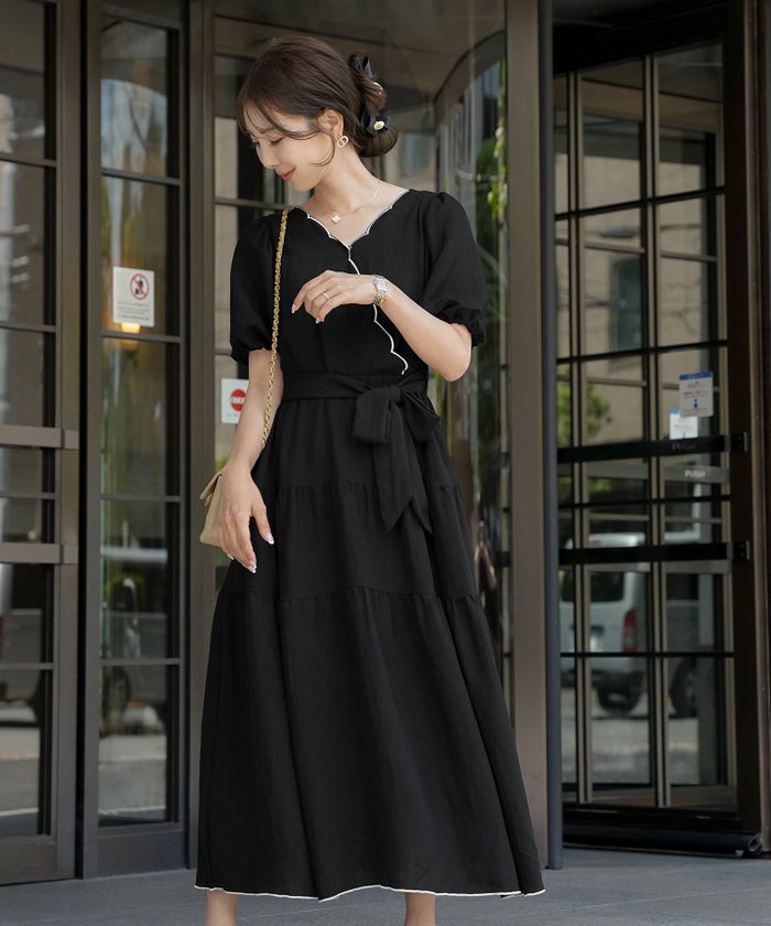 レディース/ワンピース/スカラップ/ミモレ/刺繍/袖口ゴム/半袖/5分袖/パフスリーブ/ハイウエスト/リボン/ウエストリボン/ピンク/ラベンダー/ミント/ブラック/上品/フェミニン/エレガント/きれい/ナチュラル/旅行/おでかけ