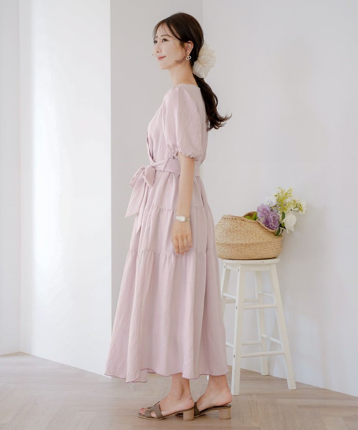 レディース/ワンピース/スカラップ/ミモレ/刺繍/袖口ゴム/半袖/5分袖/パフスリーブ/ハイウエスト/リボン/ウエストリボン/ピンク/ラベンダー/ミント/ブラック/上品/フェミニン/エレガント/きれい/ナチュラル/旅行/おでかけ