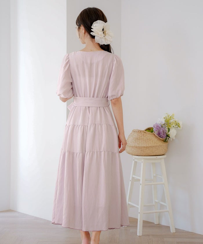 レディース/ワンピース/スカラップ/ミモレ/刺繍/袖口ゴム/半袖/5分袖/パフスリーブ/ハイウエスト/リボン/ウエストリボン/ピンク/ラベンダー/ミント/ブラック/上品/フェミニン/エレガント/きれい/ナチュラル/旅行/おでかけ