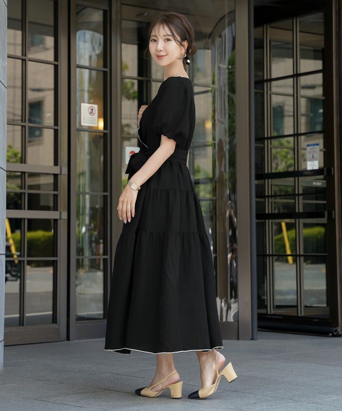 レディース/ワンピース/スカラップ/ミモレ/刺繍/袖口ゴム/半袖/5分袖/パフスリーブ/ハイウエスト/リボン/ウエストリボン/ピンク/ラベンダー/ミント/ブラック/上品/フェミニン/エレガント/きれい/ナチュラル/旅行/おでかけ