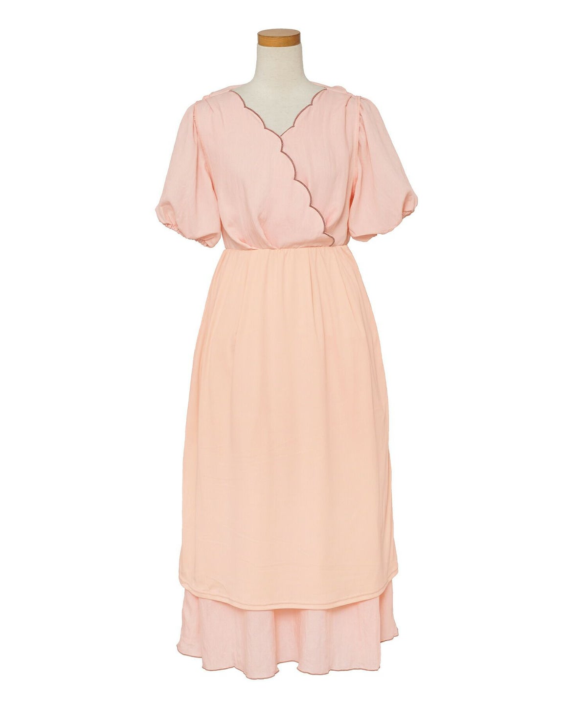 レディース/ワンピース/スカラップ/ミモレ/刺繍/袖口ゴム/半袖/5分袖/パフスリーブ/ハイウエスト/リボン/ウエストリボン/ピンク/ラベンダー/ミント/ブラック/上品/フェミニン/エレガント/きれい/ナチュラル/旅行/おでかけ