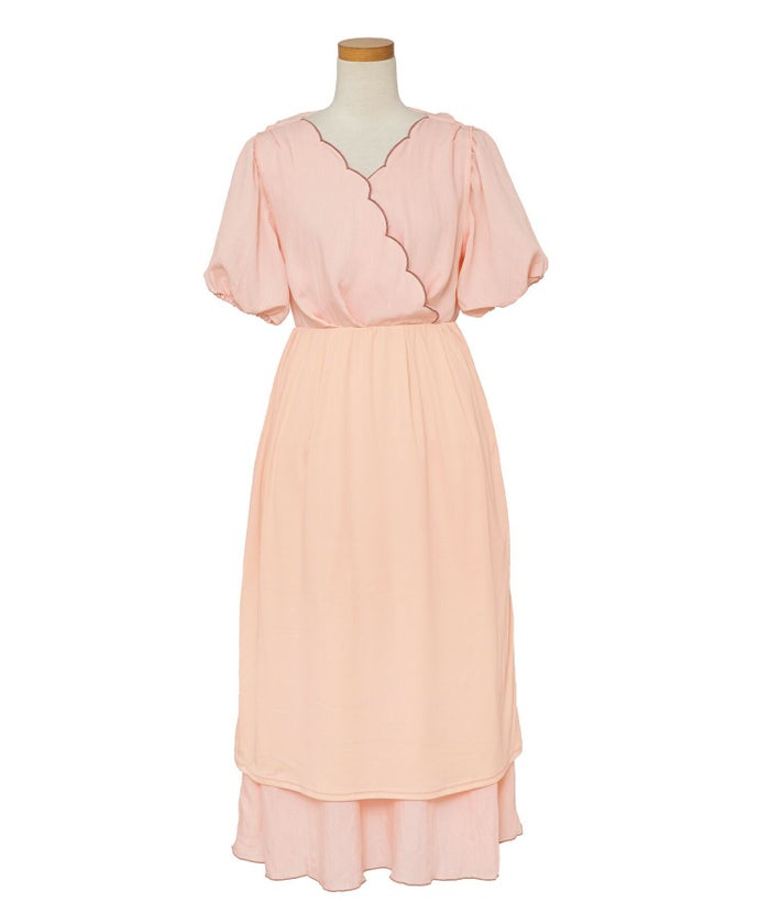 レディース/ワンピース/スカラップ/ミモレ/刺繍/袖口ゴム/半袖/5分袖/パフスリーブ/ハイウエスト/リボン/ウエストリボン/ピンク/ラベンダー/ミント/ブラック/上品/フェミニン/エレガント/きれい/ナチュラル/旅行/おでかけ