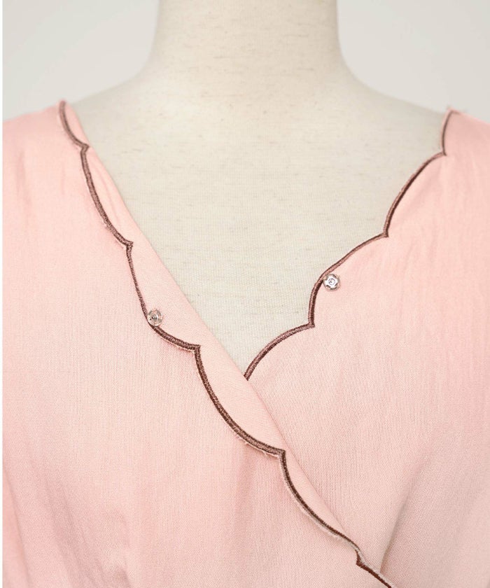 レディース/ワンピース/スカラップ/ミモレ/刺繍/袖口ゴム/半袖/5分袖/パフスリーブ/ハイウエスト/リボン/ウエストリボン/ピンク/ラベンダー/ミント/ブラック/上品/フェミニン/エレガント/きれい/ナチュラル/旅行/おでかけ