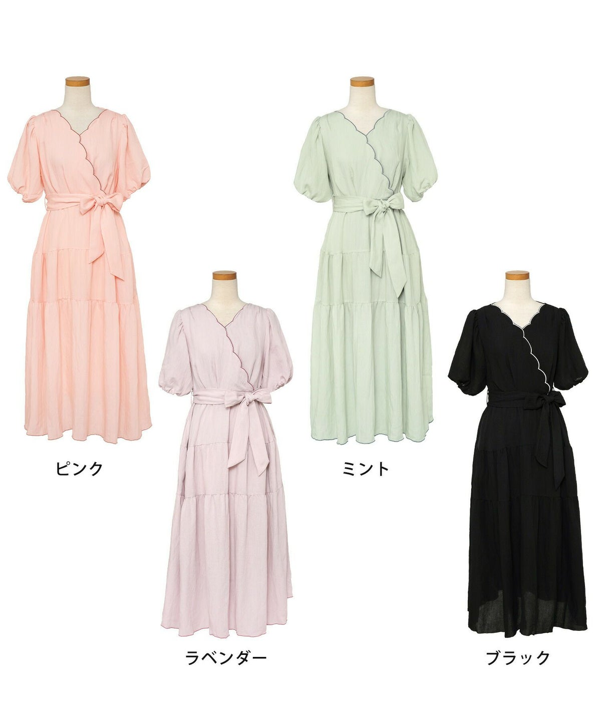 レディース/ワンピース/スカラップ/ミモレ/刺繍/袖口ゴム/半袖/5分袖/パフスリーブ/ハイウエスト/リボン/ウエストリボン/ピンク/ラベンダー/ミント/ブラック/上品/フェミニン/エレガント/きれい/ナチュラル/旅行/おでかけ