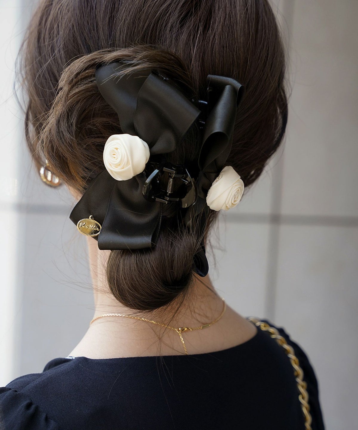 レディース/小物/ヘアアクセ/バンス/クリップ/ヘア/髪留め/ヘアアレンジ/ポニーテール/ハーフアップ/リボン/薔薇/ブラック/配色/バイカラー/綺麗め/上品/エレガント/フェミニン