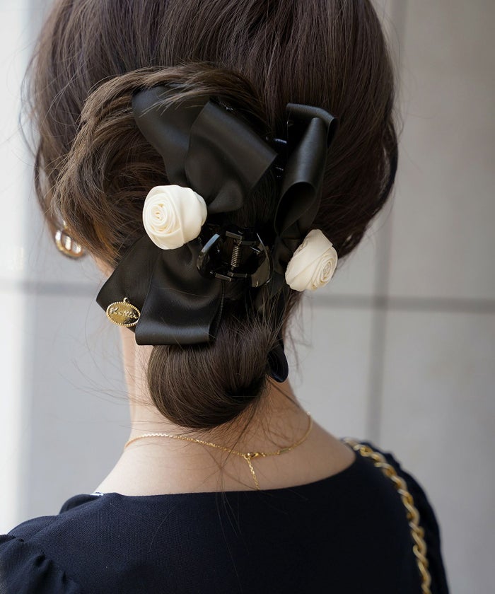 レディース/小物/ヘアアクセ/バンス/クリップ/ヘア/髪留め/ヘアアレンジ/ポニーテール/ハーフアップ/リボン/薔薇/ブラック/配色/バイカラー/綺麗め/上品/エレガント/フェミニン