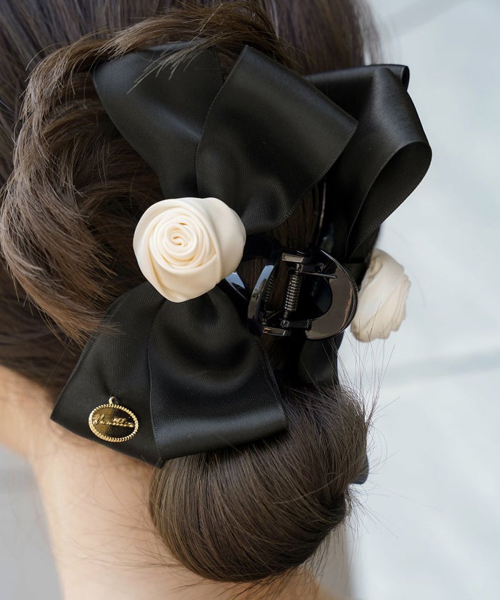レディース/小物/ヘアアクセ/バンス/クリップ/ヘア/髪留め/ヘアアレンジ/ポニーテール/ハーフアップ/リボン/薔薇/ブラック/配色/バイカラー/綺麗め/上品/エレガント/フェミニン