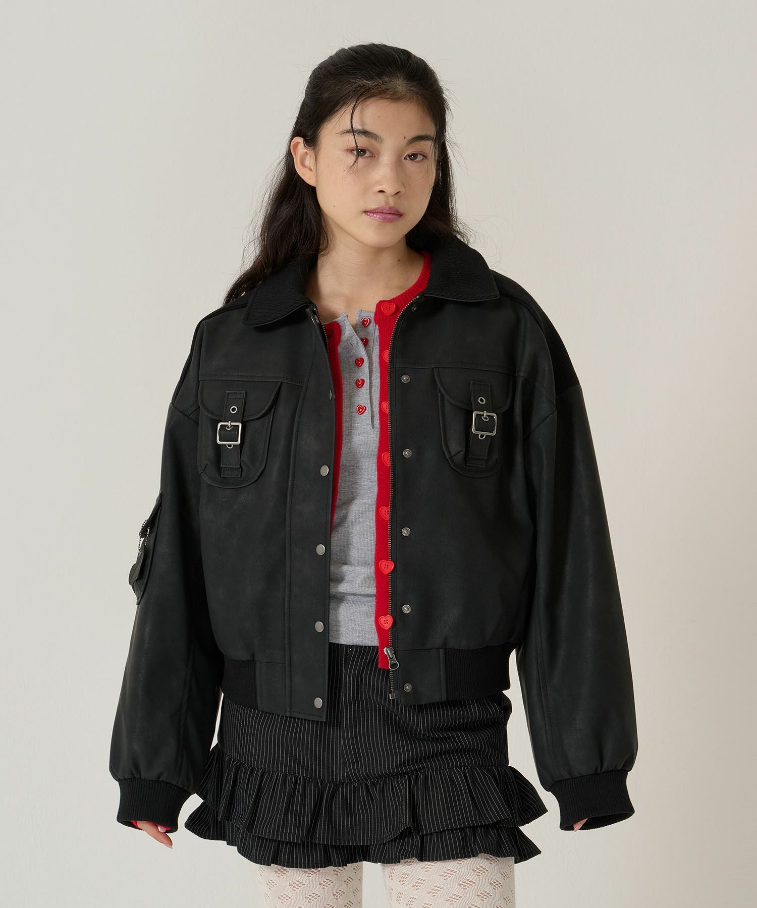 リブ ドッキング フェイクレザーブルゾン TINA：JOJUN 全3色｜tnj141