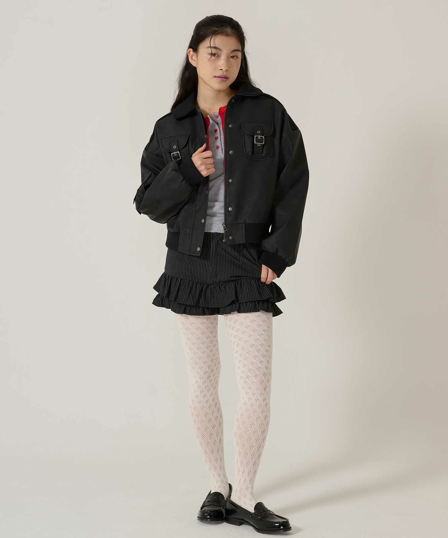 リブ ドッキング フェイクレザーブルゾン TINA：JOJUN 全3色｜tnj141