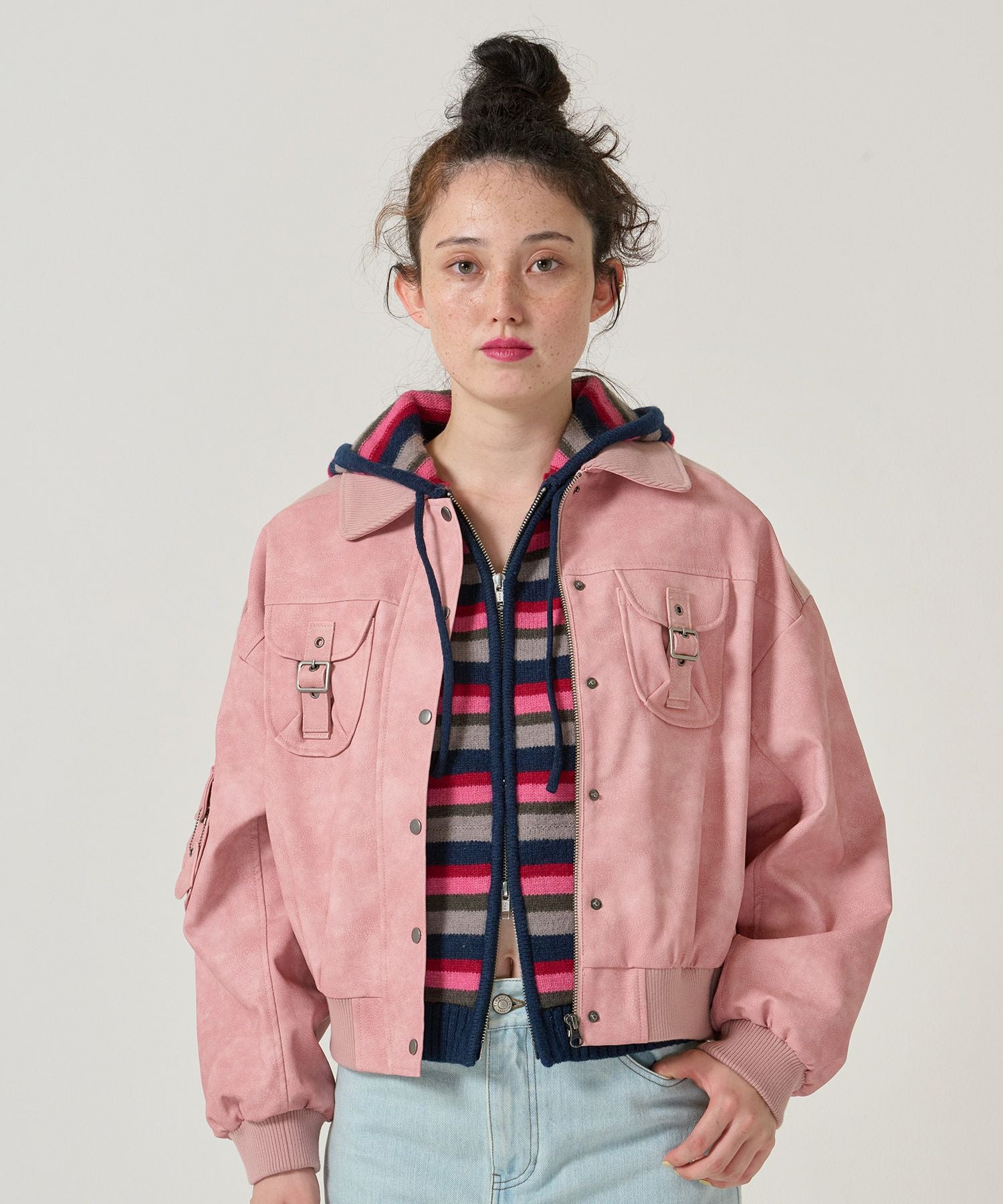 リブ ドッキング フェイクレザーブルゾン TINA：JOJUN 全3色｜tnj141