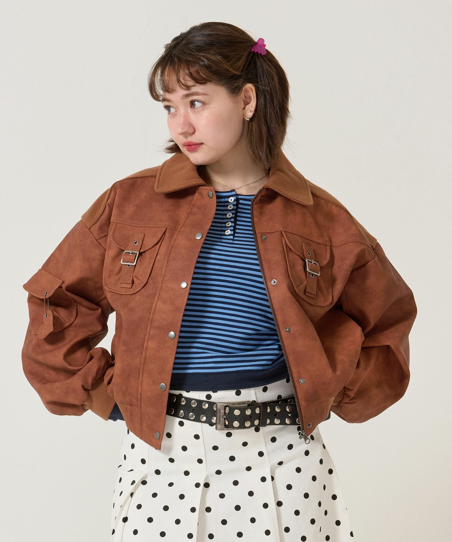 リブ ドッキング フェイクレザーブルゾン TINA：JOJUN 全3色｜tnj141