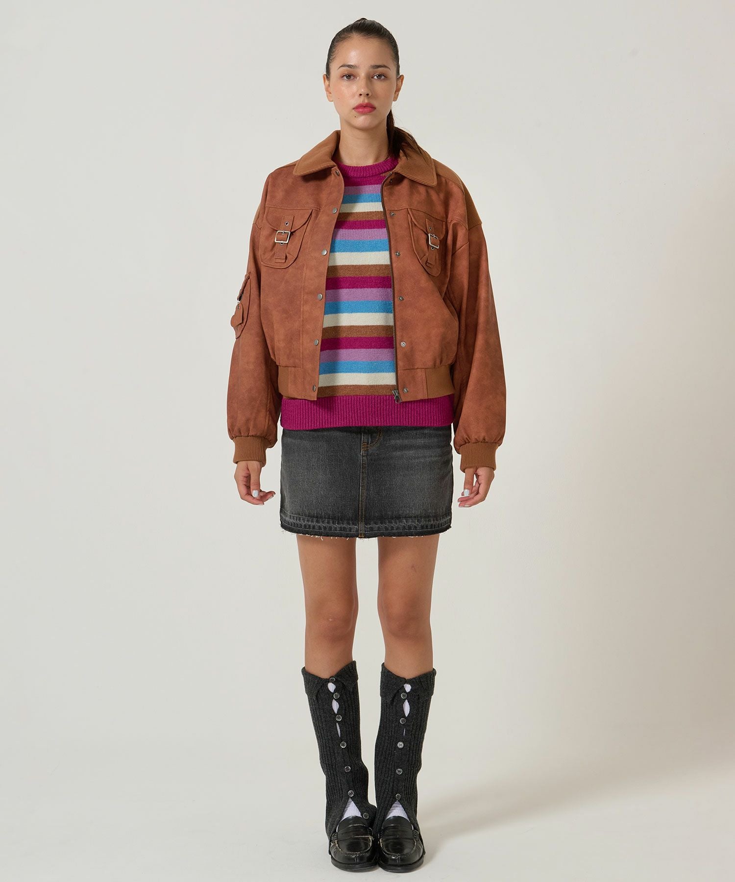 リブ ドッキング フェイクレザーブルゾン TINA：JOJUN 全3色｜tnj141