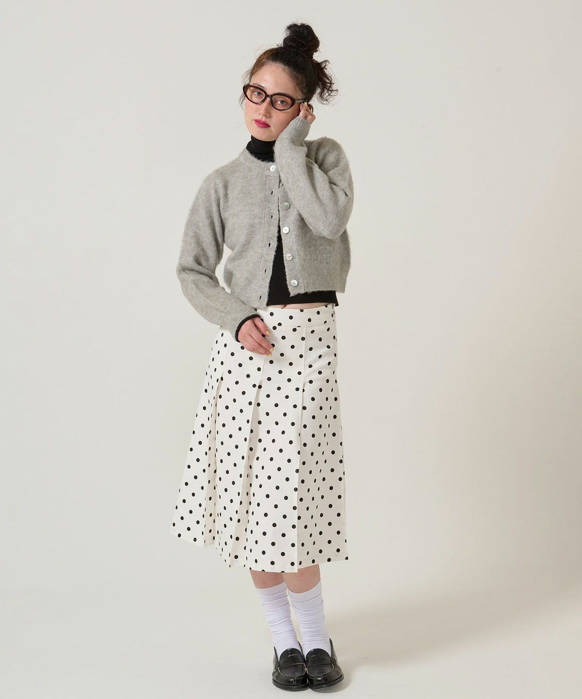 ドット/プリーツスカート/ミディ丈