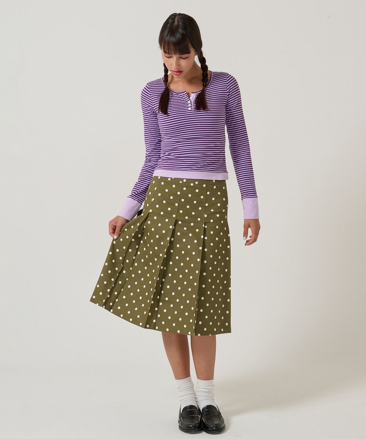 ドット/プリーツスカート/ミディ丈