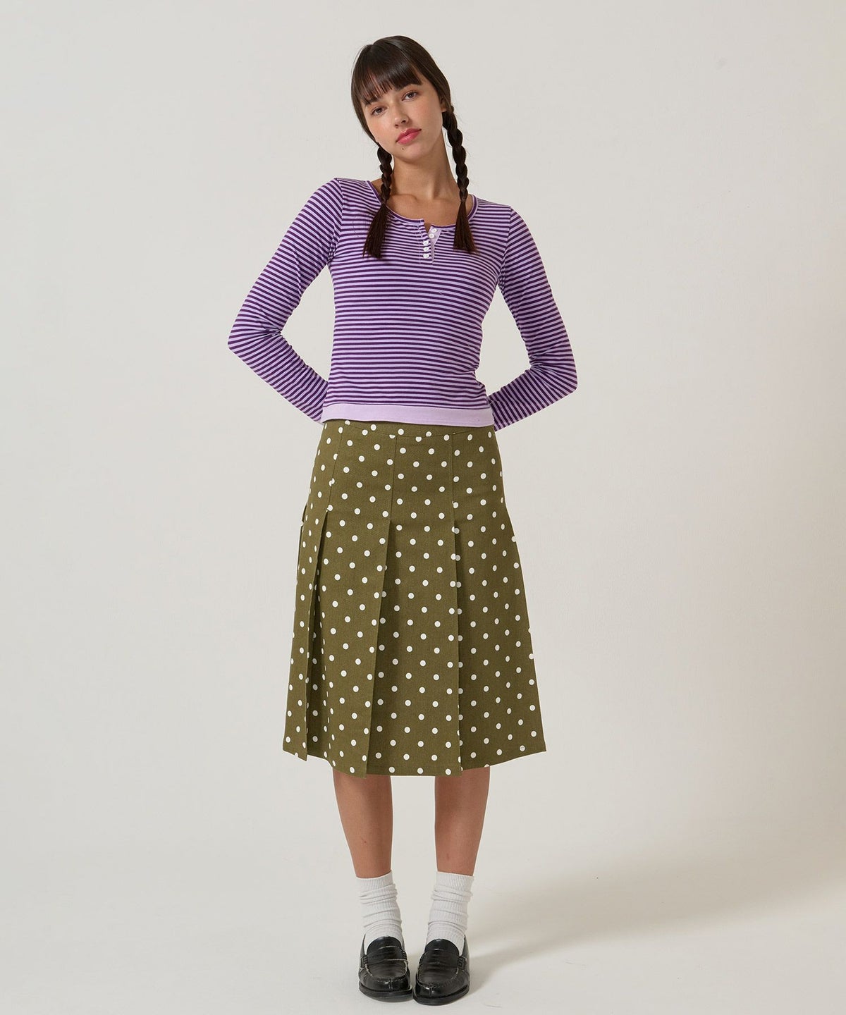 ドット/プリーツスカート/ミディ丈
