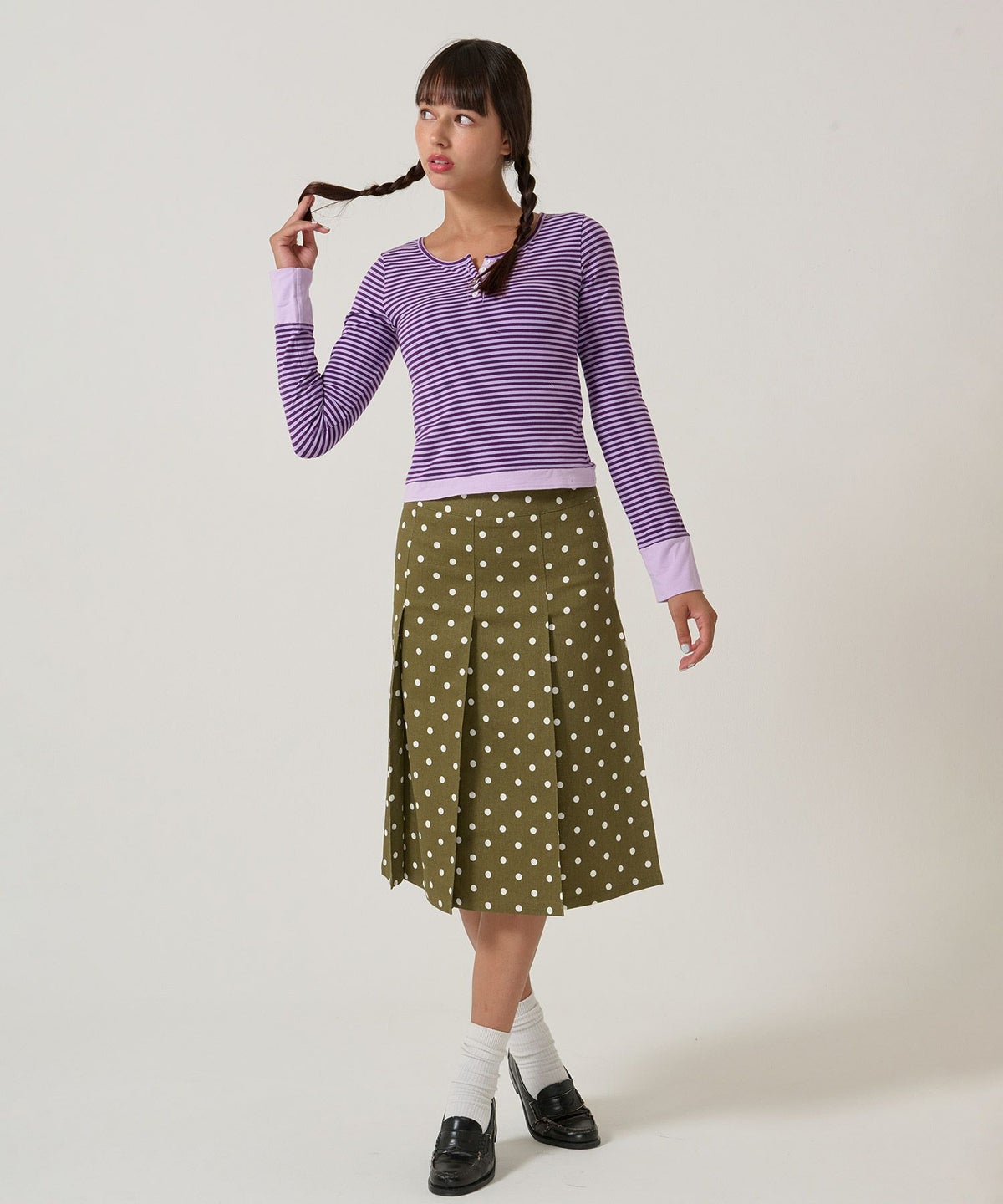 ドット/プリーツスカート/ミディ丈