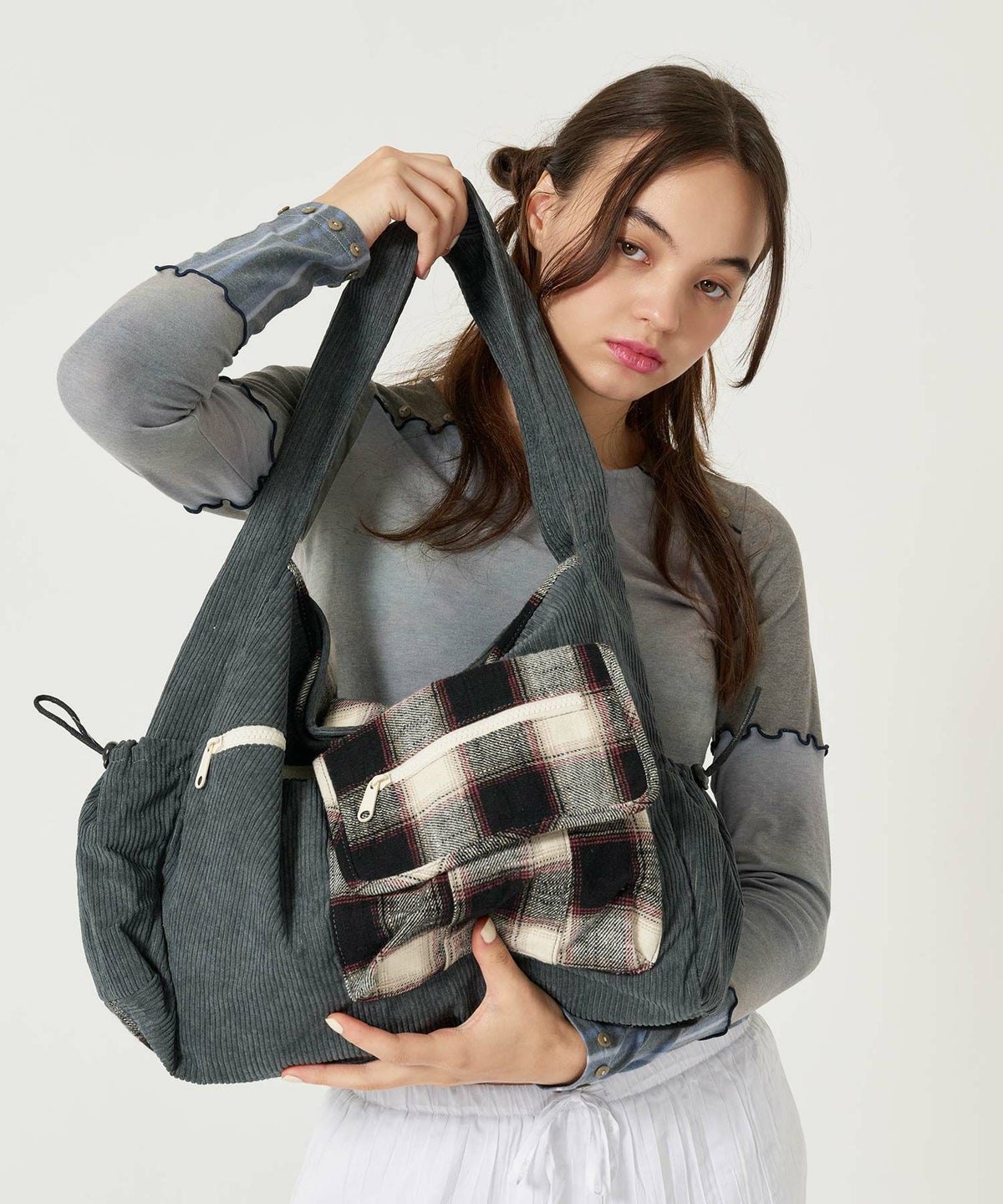 コーデュロイ/ショルダー/バッグ/グレー