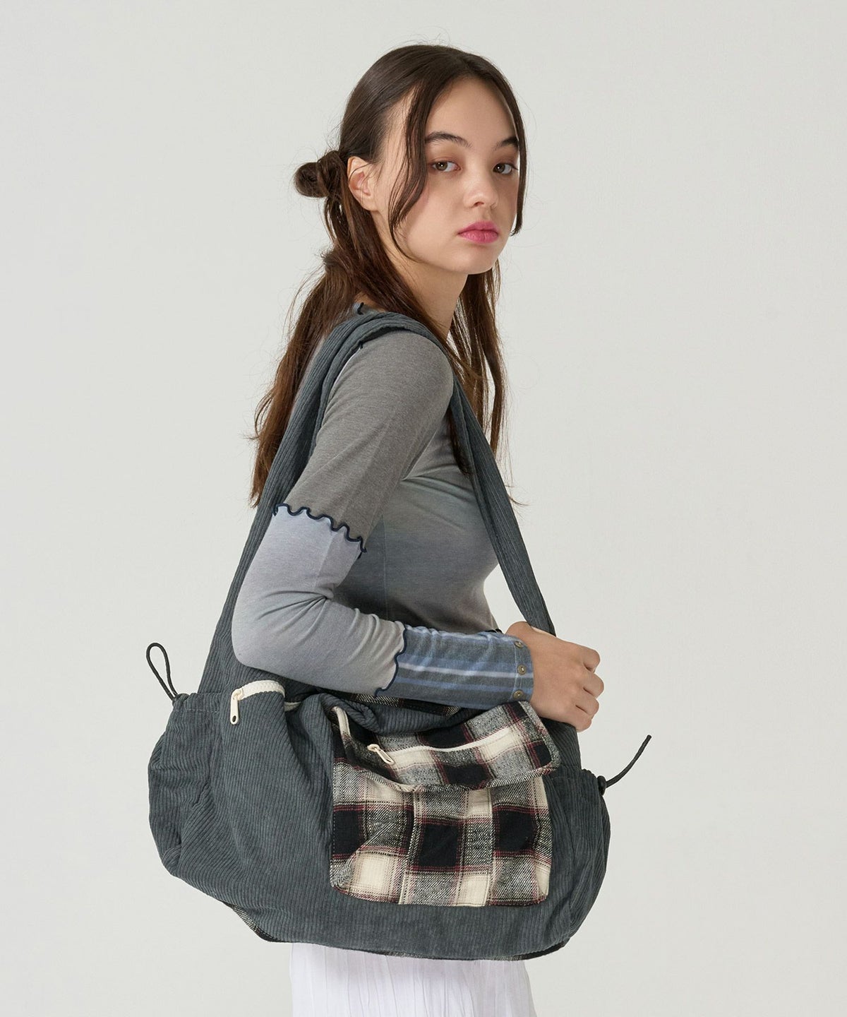 コーデュロイ/ショルダー/バッグ/グレー