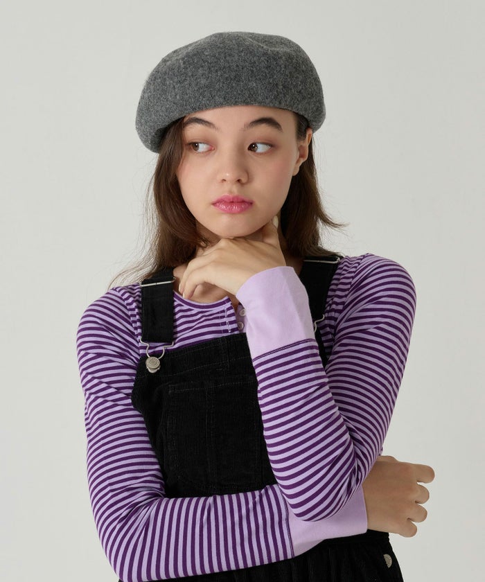 刺繍/ベレー帽/帽子/グレー