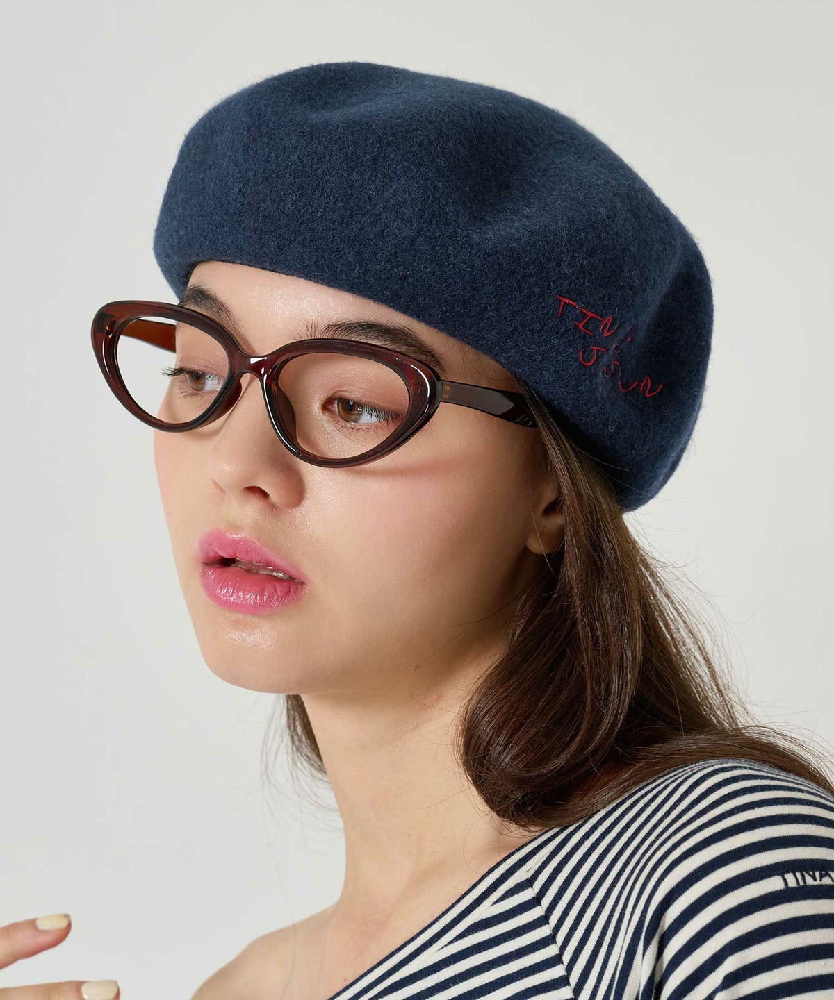 刺繍/ベレー帽/帽子/ネイビー