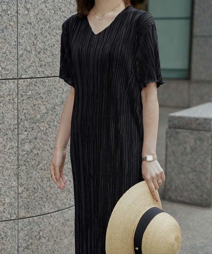 プリーツ ワンピース レディース ロングワンピース プリーツ 半袖 きれいめ 上品 洗える