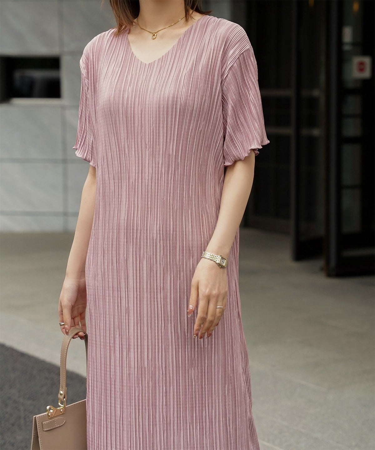 プリーツ ワンピース レディース ロングワンピース プリーツ 半袖 きれいめ 上品 洗える