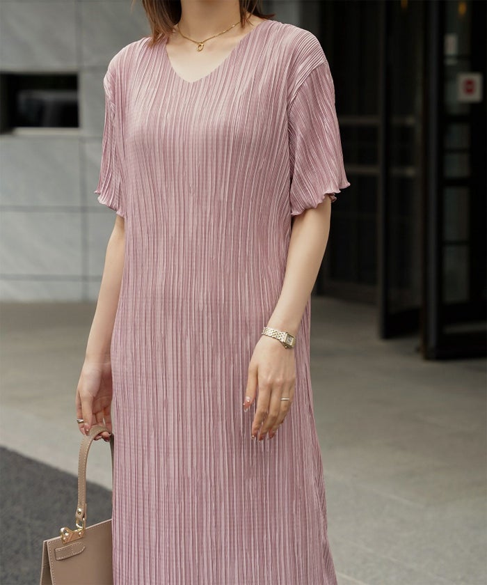 プリーツ ワンピース レディース ロングワンピース プリーツ 半袖 きれいめ 上品 洗える