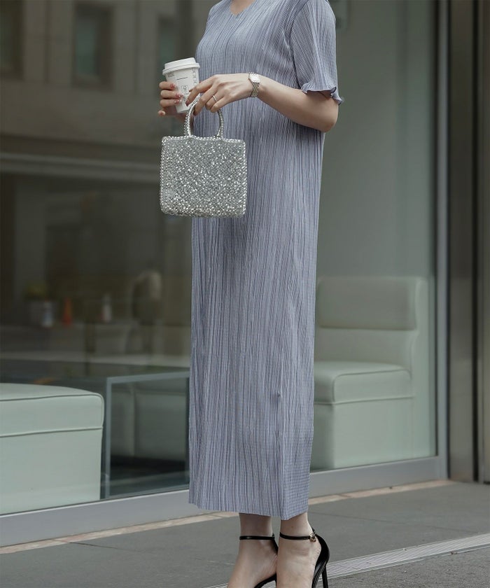 プリーツ ワンピース レディース ロングワンピース プリーツ 半袖 きれいめ 上品 洗える