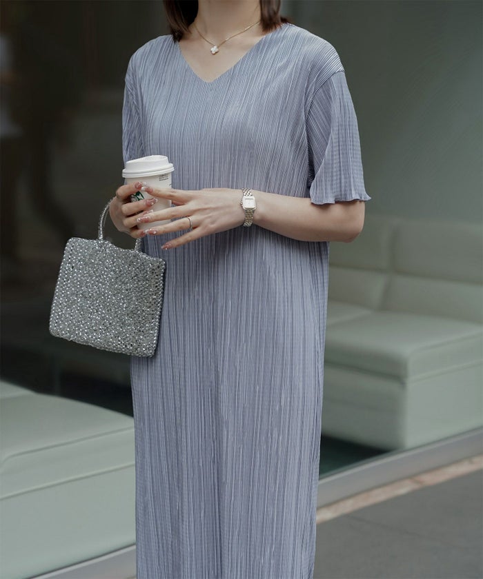プリーツ ワンピース レディース ロングワンピース プリーツ 半袖 きれいめ 上品 洗える