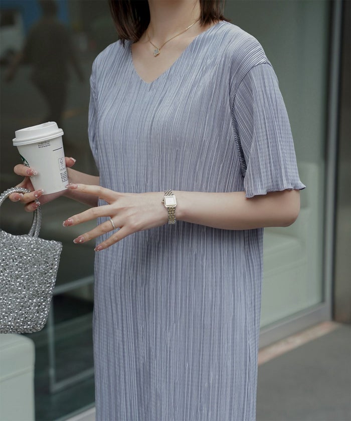 プリーツ ワンピース レディース ロングワンピース プリーツ 半袖 きれいめ 上品 洗える