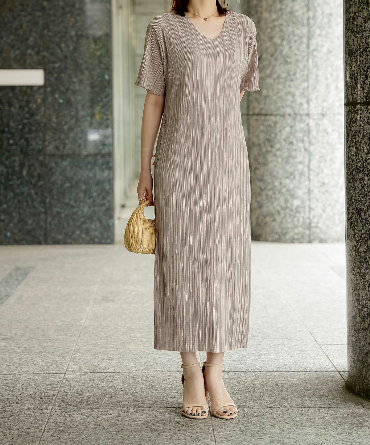 プリーツ ワンピース レディース ロングワンピース プリーツ 半袖 きれいめ 上品 洗える