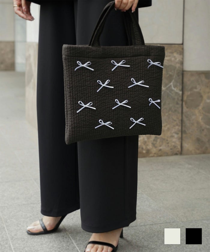 前後2way デザイン ヌビバッグ レディース バッグ パール リボン 配色 2way 春 夏 秋 冬 サブバッグ きれいめ 前後2way デザイン ヌビ バッグ HUIT