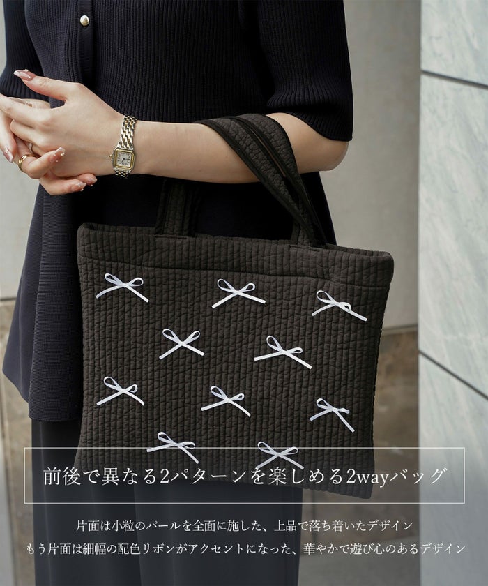 レディース バッグ パール リボン 配色 2way ヌビ 春 夏 秋 冬 サブバッグ きれいめ アイボリー ブラック フリー