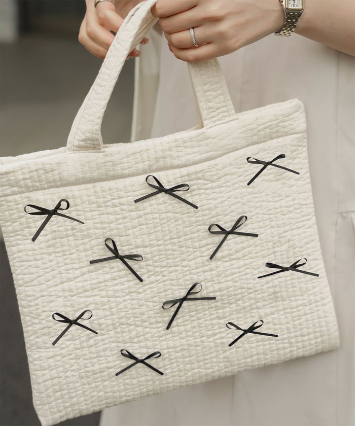 レディース バッグ パール リボン 配色 2way ヌビ 春 夏 秋 冬 サブバッグ きれいめ アイボリー ブラック フリー