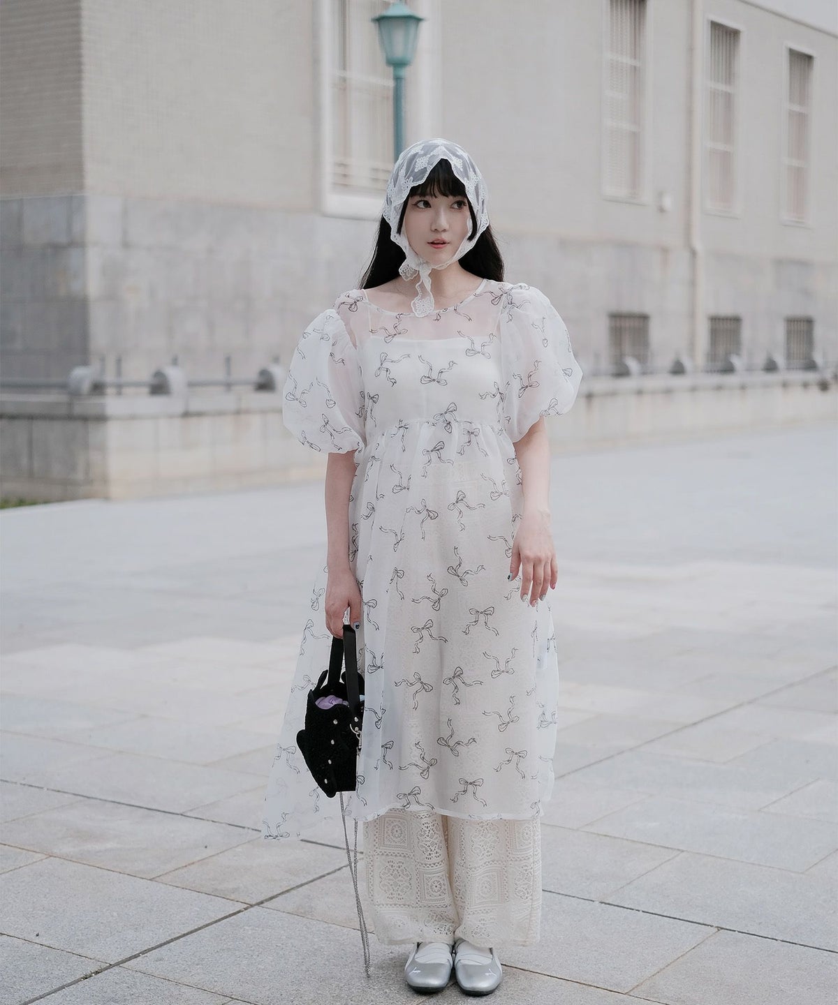 ワンピース ロングワンピース リボン モノクロリボン/ピンクリボン/M