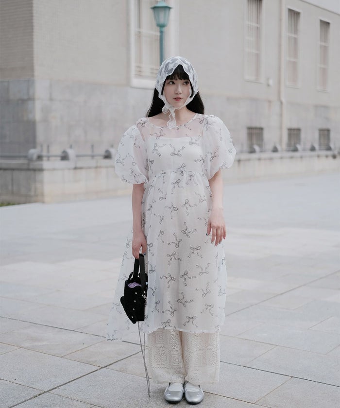 ワンピース ロングワンピース リボン モノクロリボン/ピンクリボン/M