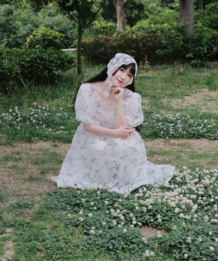 ワンピース ロングワンピース リボン モノクロリボン/ピンクリボン/M