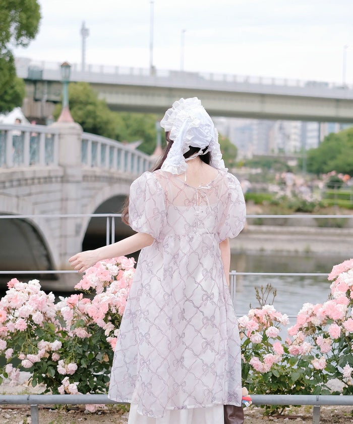 ワンピース ロングワンピース リボン モノクロリボン/ピンクリボン/M